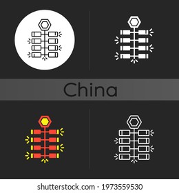 Chinese firecrackers dark theme icon. Lunar New Year celebration. Crackers, festive explosion. Culture of China. Linear white, simple glyph and RGB color styles. Isolated vector illustrations