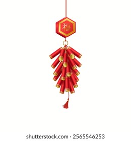 Chinese firecrackers with good luck wishing realistic vector illustration. Ancient Asian holiday celebration tradition 3d object on white. inscription on the badge is “Luck”