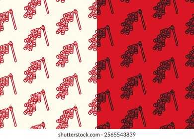 chinese firecrackers hanging seamless pattern on red background set for packaging. retro chinese fireworks background. engraving asian fireworks wallpaper. pattern background with chinese firecracker.