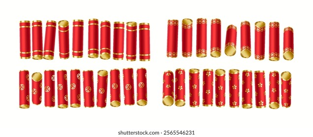 Chinese firecrackers with red paper and patterns realistic color icons set. Happy Asian holiday celebration explosion 3d objects bundle on white