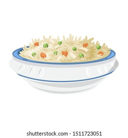 Chinese fired rice in the bowl. Cooked asian food. Healthy ingredient. Isolated vector illustration in cartoon style