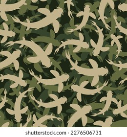 Chinese fish Military pattern seamless. Army Fishes background. Protective and soldierly green texture