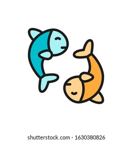Chinese fish, puffer fish, koi fish flat color line icon.