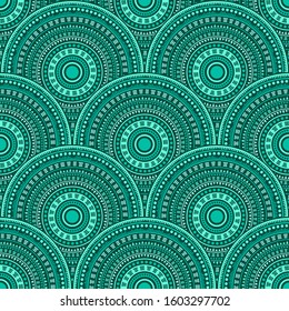 Chinese fish scale embroidery vector seamless pattern. Tribal motifs vintage repeating illustration. Japanese folk circle mandala elements seamless geometric pattern.