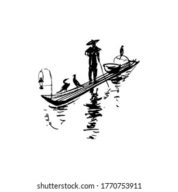 Pescador chino en un bote. Ilustración de tinta.