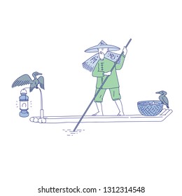 Chinese fishermen in the boat and duck fisher. Vector line art people go fishing. Symbols of asian agricultural culture.