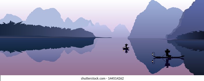 Chinese fishermen at morning vector background