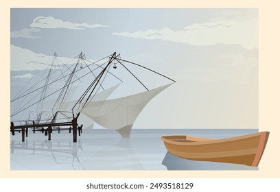 Chinesische Fischernetze - Cheenavala - Kochi - Stock Illustration als EPS 10 Datei