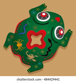 Chinese Five Poison toad-shaped pillow. In Chinese, symbol of Five Poison reptiles is referred as power to counteract pernicious influences and it often used for blessing children with a good health.
