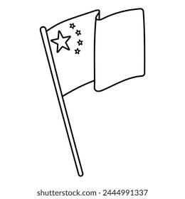 The Chinese flag five stars and a fixed flagpole flutters in the wind. line, doodle, coloring. Revolution and the Chinese people. Icon, element, symbol. Hand drawn vector illustration.