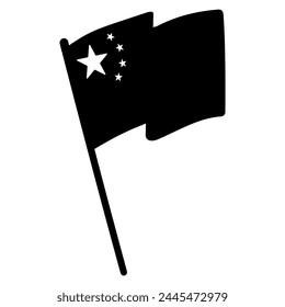 The Chinese flag five stars and a fixed flagpole flutters in the wind. white black silhouette. Revolution and the Chinese people. Icon, element, symbol. Hand drawn vector illustration.