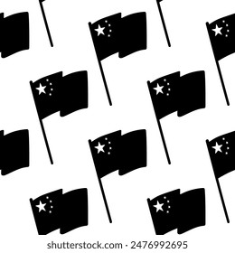 The Chinese flag five stars and a fixed flagpole flutters in the wind. white black silhouette . Asian seamless pattern. Revolution and the Chinese people. Background, wallpaper.  vector illustration.