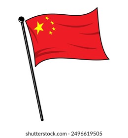 Chinese flag fluttering in waves with a flagpole icon editable and scalable vector eps file, for design elements, banners, signs, posters, symbols etc.