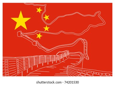 chinese flag with great wall sketch