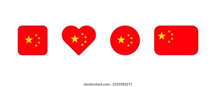 Chinese flag icon. Flag of China vector sign. Chinese national banner. Red emblem with yellow stars. Banner of China in four different shapes: square, heart, circle and rectangle.