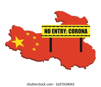 Chinese flag with no entry barrier. Corona Virus outbreak.