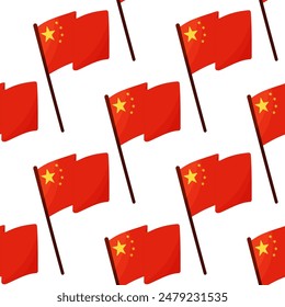 The Chinese flag is red with five stars and a fixed flagpole flutters in the wind. Asian seamless pattern. Revolution and the Chinese people. Background wallpaper. Hand drawn vector illustration.