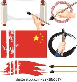 Chinese flag symbol with ink brush set illustration