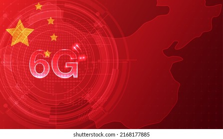 Chinese Flag For Technology 6G Technology Wireless Data Transmission, Information Flow Modern Network Connection Concept Background. Global Connection And Internet Network Concept. Vector Design.