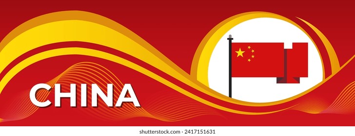 Chinese flag theme graphic waves art web background, China national day banner design, China graphics design, red yellow color, China flag corporate triangles. Zhongguo vector illustration