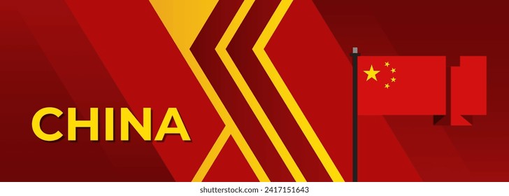Chinese flag theme graphic waves art web background, China national day banner design, China graphics design, red yellow color, China flag corporate triangles. Zhongguo vector illustration.