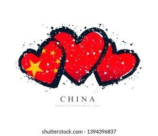 Chinese flag in three hearts. Vector illustration on white background. Brush strokes drawn by hand. China's independence day.