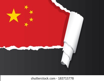 Chinese flag under ripped paper vector illustration.