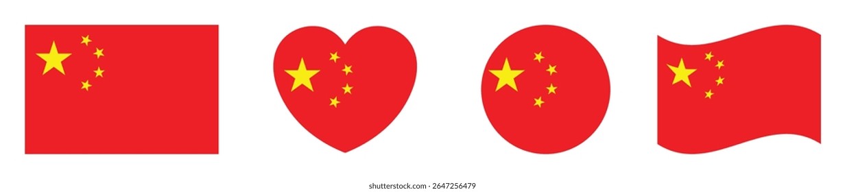 Chinese flags set in square, heart, circle and waving formats designs element. China flags collection. Set of China flags icons isolated on white background. Vector illustration.