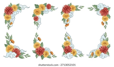 Elementos florales chinos de la esquina con el fondo transparente