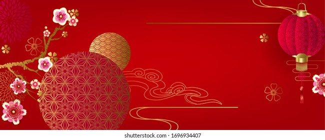 Chinese floral festive background for holiday design with lanterns