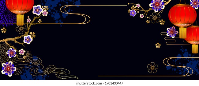 Chinese floral festive background for holiday design with lanterns