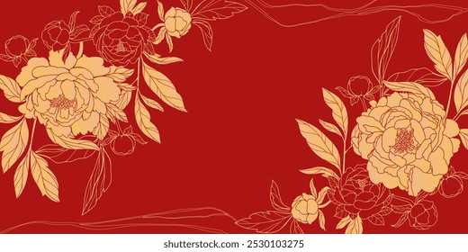 Chinese floral frame with flowers and leaves in gold tones isolated on red background. Perfect for invitations, posters, and wall decor.