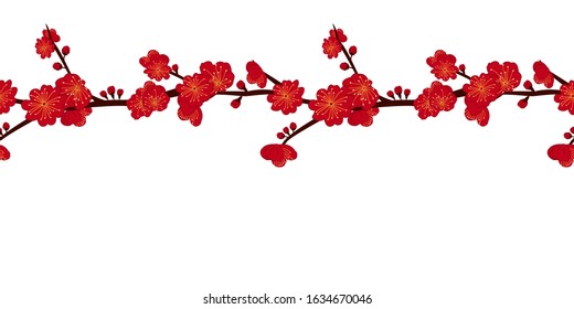 Chinese floral pattern background and borders with red plum blossom, prunus mume. Asian floral frame border seamless pattern. Great for wallpaper, gifts, textile, silk, packaging design.
