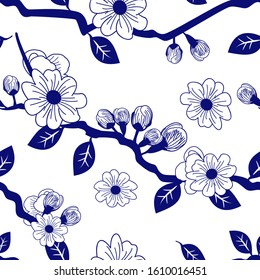 Chinese floral pattern with flowering plum or plum blossom. Blue and white ceramic background. Chinese porcelain painting. Hand drawing. 
Great for wallpaper, gifts, textile, silk, packaging design.