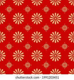 Chinese floral seamless vector pattern. Gold silhouettes of chrysanthemum gold leafs and flowers on red background. Floral, oriental, japanese, asian vector background. Endless print texture.