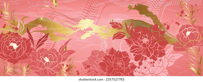 Chinese flower background, vector Japanese peony floral banner, oriental nature traditional print. Asian luxury spring wallpaper, nature golden summer illustration, abstract poster. Chinese background