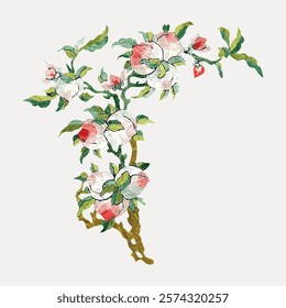 Chinese flowers, vintage botanical illustration, vintage vector element. Pink botanical flower floral vintage illustration. Pink flower art drawing illustration, vector botanical artwork.