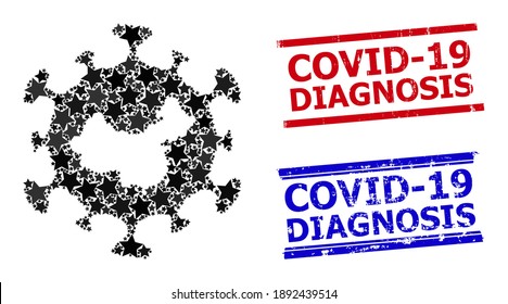 Mosaico estelar del virus de la gripe chino y precintos de diagnóstico Covid-19. Sellos rojos y azules con textura impura y leyenda de diagnóstico Covid-19.