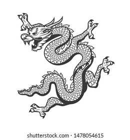 Chinese flying dragon, China New Year and ancient monster animal traditional symbol. Vector dragon with scales pattern, Asian art and zodiac sign, Japanese tattoo black icon