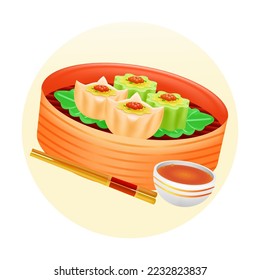 Chinesisches Essen, 3D-Illustration von bitterem Gourd-Dim-Summen-Essen in einem Bambusdampfkorb