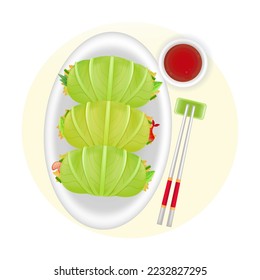 Chinese food, 3d illustration of cabbage spring rolls with soy sauce