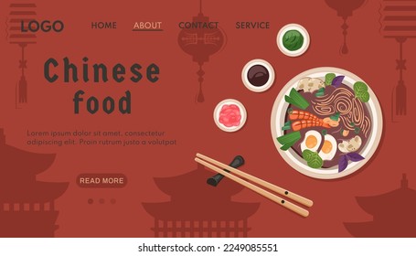 Chinese food. Asian banner. Traditional dish closeup with lanterns silhouette, architecture. Vector