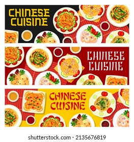 Cocina china y platos y comidas asiáticas, vectores de pancartas en los menús de restaurantes de China. fideos de cocina tradicional china, platos de pollo y de cerdo, comida auténtica de Sichuan, ensaladas y salsa para tomar