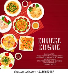 Comida china y menú de cocina asiática con fideos y afiche vectorial de pollo o cerdo. Restaurante chino comida tradicional para el almuerzo y la cena, cerdo de Sichuan con panecillos de pollo y cordero maltratado