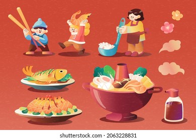 Chinese Food And Asian Family Collection, Includung Fish, Shrimps And Hotpot. Hand Drawn CNY Illustration