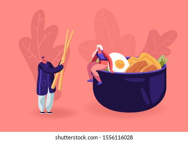 Chinese Food and Asian Gastronomy Concept. Tiny Woman Sitting on Huge Bowl with Meat, Vegetables and Egg. Man Holding Wooden Chopsticks Prepare to Eat Oriental Cuisine. Flat Vector Illustration