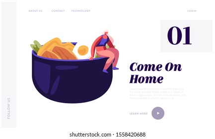 Chinese Food and Asian Gastronomy Website Landing Page. Tiny Woman Sitting on Huge Bowl with Meat, Vegetables and Egg. Home Made Asian Cuisine Meal Web Page Banner. Cartoon Flat Vector Illustration
