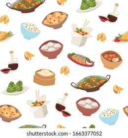 Chinese food, asian street and restaurant cuisine dishes semless pattern cartoon vector illustration. Thai, japanese and chinese food with dinner and lunch dishes, soups, dumpling, dim sum background.