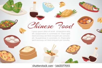 Chinese food, asian street and restaurant cuisine dishes banner cartoon vector illustration. Thai, japanese and chinese food with dinner and lunch dishes, soups, dumpling and dim sum poster.