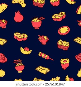 Chinese food background. Chinese food and snack seamless pattern doodle style